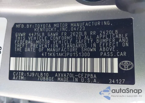 2023 Toyota Camry Xse z USA, uszkodzony, nr VIN 4T1K61AK3PU151300
